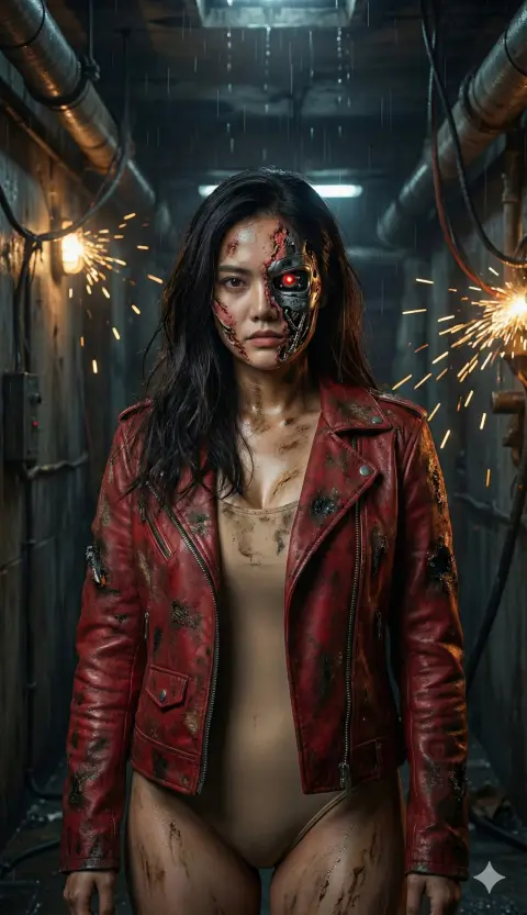 Battle-damaged female Terminator in red with half of her face mechanical skeleton