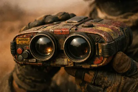 Battle-damaged retro science fiction telescope under the aesthetics of Dune