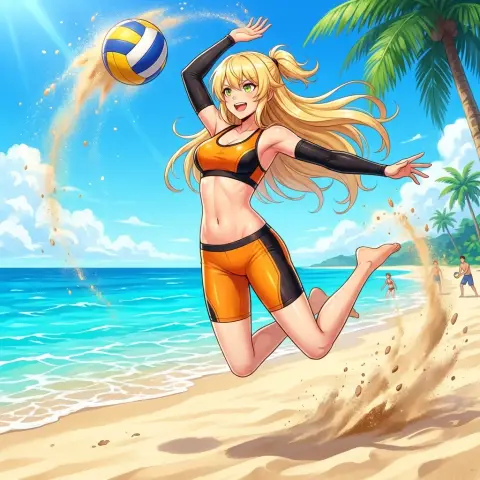 Beach volleyball girl taking off and smashing with all her strength under the sun