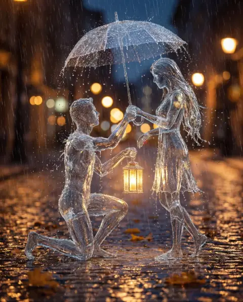 Beautiful and romantic rainy night lovers formed by the condensation of crystal water droplets