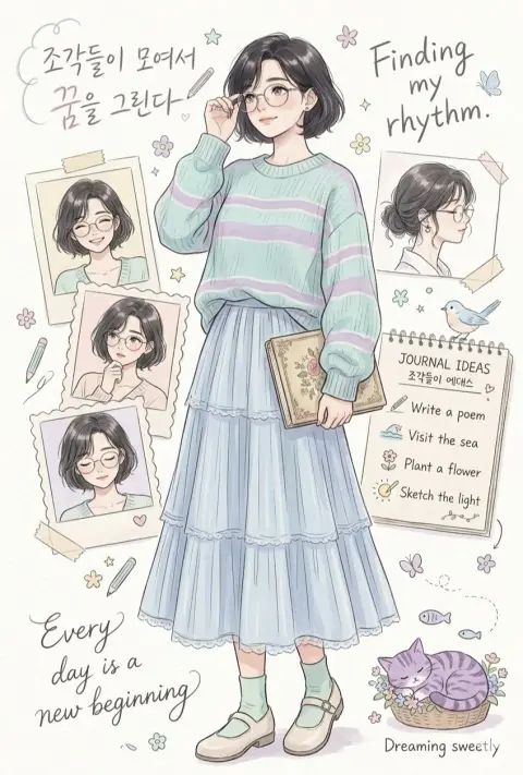 Beautiful anime style girl creative diary illustration