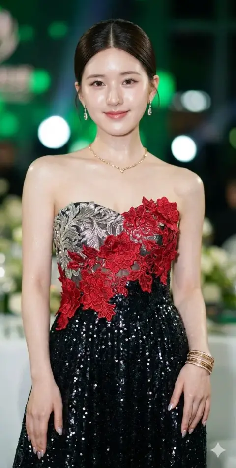 Beautiful close-up of Zhao Lusi’s red and black evening dress