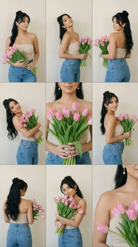 Beautiful film-like nine-frame continuous shot of a hand-held tulip portrait