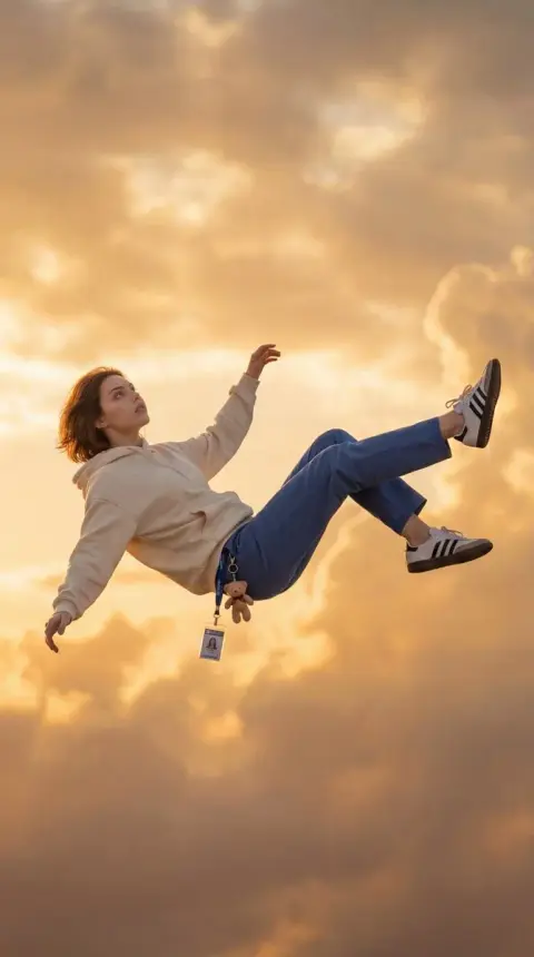 Beautiful girl falling freely in the sea of ​​clouds at dusk