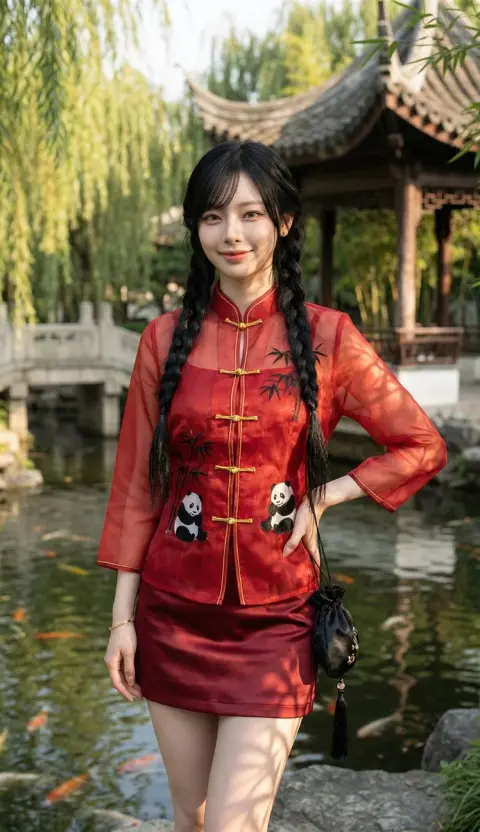 Beautiful girl in organza cheongsam in the green garden