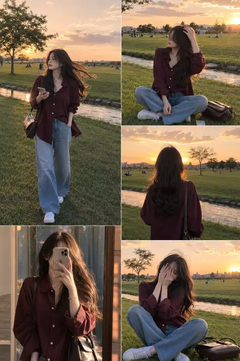 Beautiful Korean style sunset park outfit five-square grid collage