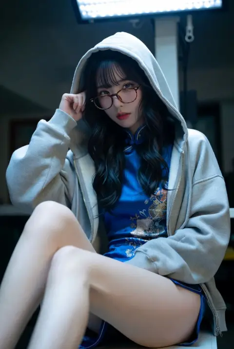 Beautiful model in Japanese and Korean style cheongsam and glasses in abandoned operating room