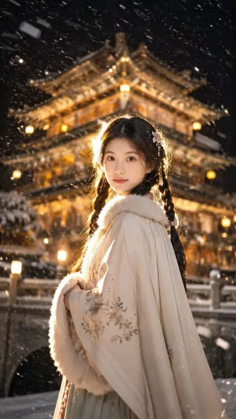 Beautiful portrait of East Asian ancient wind and snowy night with movie feel