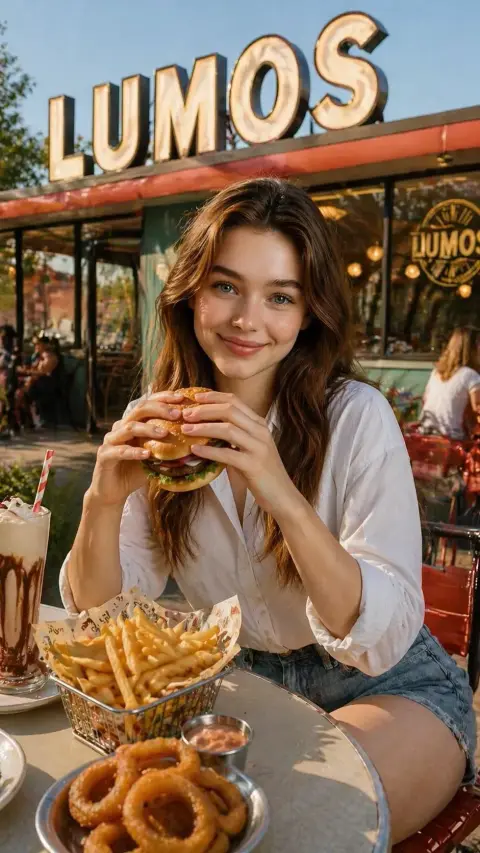 Beautiful woman dining outdoors at LUMOS restaurant