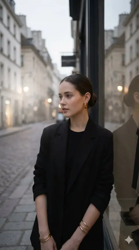 Beauty in a minimalist suit with a cinematic feel