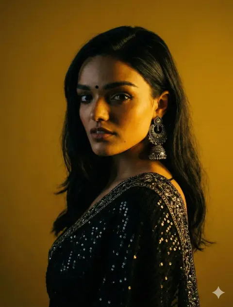 Beauty in black saree under golden light in dark night