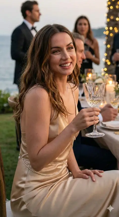 Beauty in champagne gold dress toasting and laughing in the gilt dusk