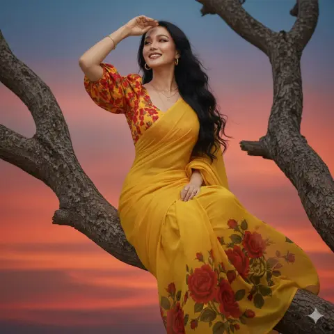 Beauty in sari looking out from tree branches at sunset