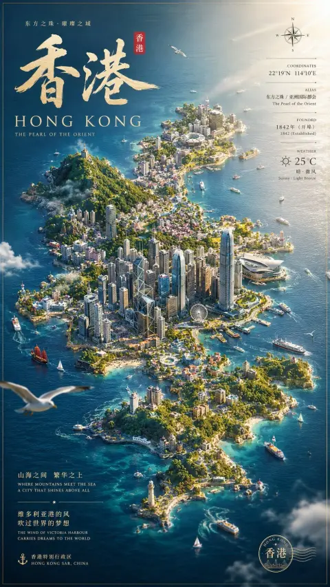 Bird's eye view of miniature Hong Kong urban ecological island art poster