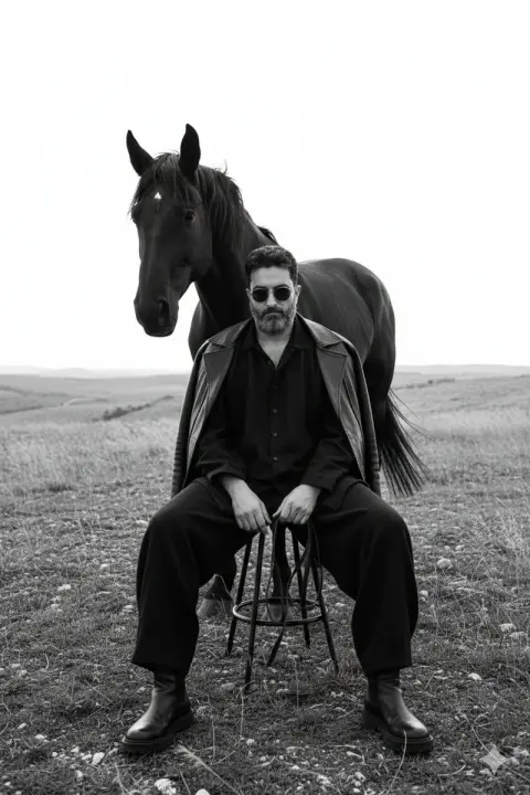 Black and white avant-garde fashion guarded by dark horses in the wilderness