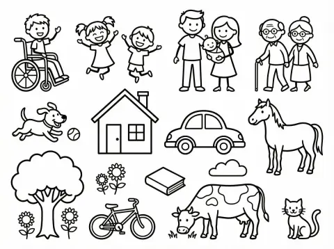 Black and white coloring book simple drawing material collection