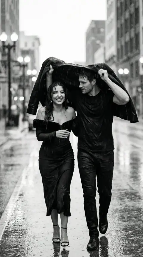 Black and white documentary of a man and woman in love on the street during a rainstorm