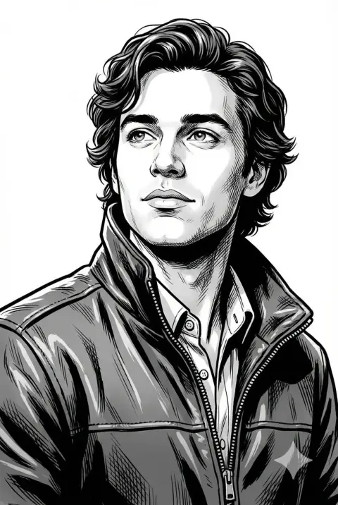 Black and white comic style bust of girl in leather jacket