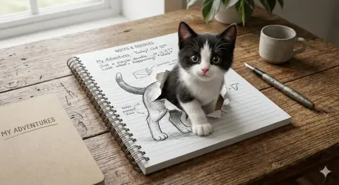 Black and white cute cat optical illusion painting that jumps out of the paper