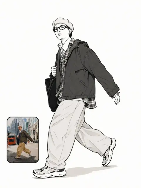 Black and white comic line drawing style full body portrait design