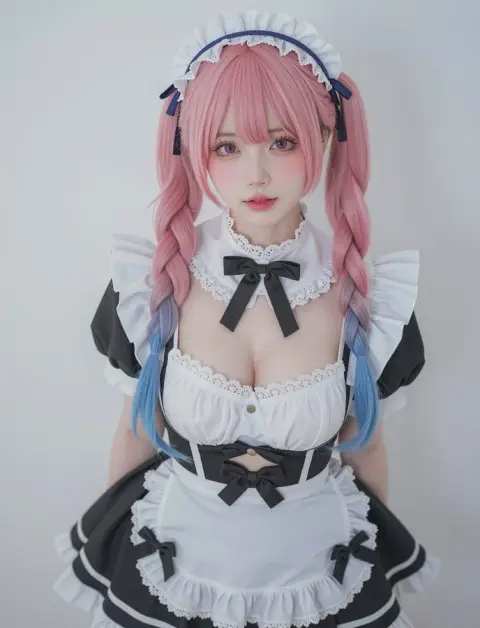 Black and white maid girl with pink hair and twin tails