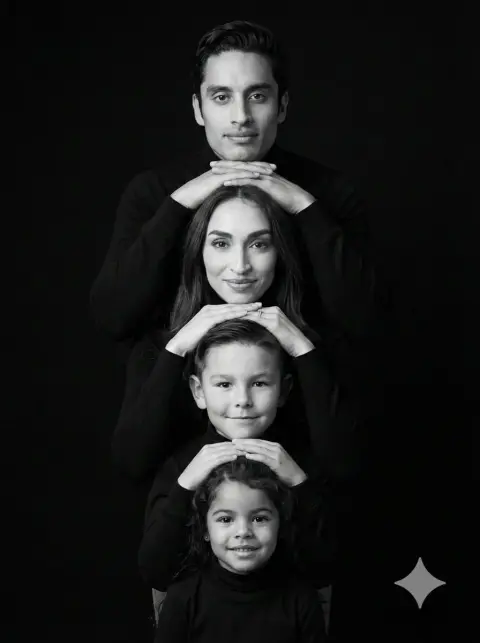 Black and white studio portrait of a family of four with folded hands in the center