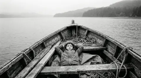 Black and white documentary: Children sleeping peacefully with arms in their arms in a fishing boat