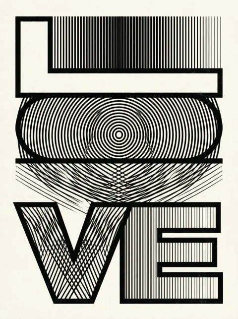 Black and white moiré stripe love word retro futuristic optical illusion