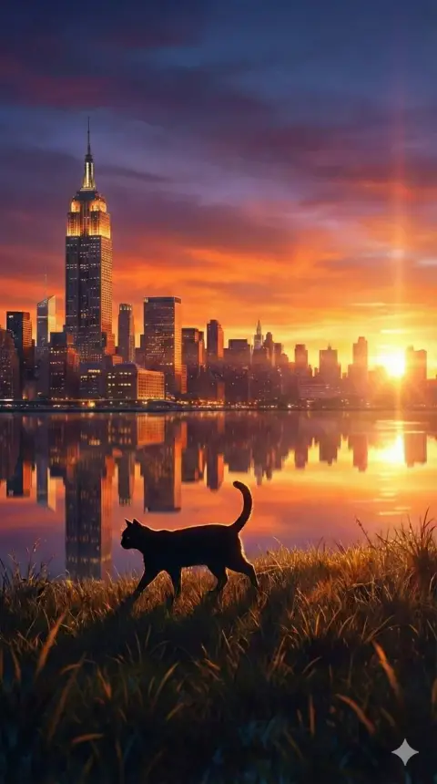 Black cat and Empire State Building reflection under sunset