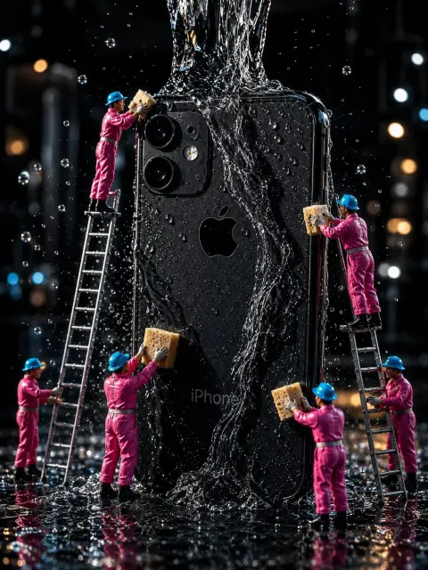 Black iPhone miniature worker cleaning scene