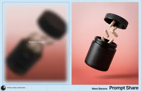 Black medicine bottle and capsule suspended moment on minimalist pink background