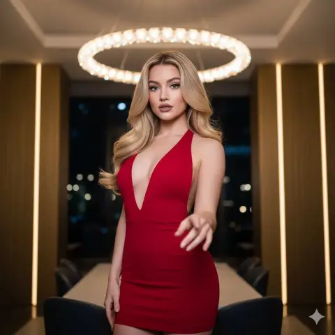 Blonde beauty in red dress seduces luxury night scene blockbuster