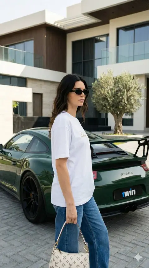 Blonde fashionable girl next to Porsche supercar in the sun