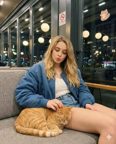 Blonde girl caressing an orange cat in a night cafe