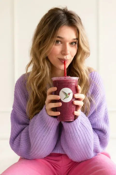 Blonde girl drinking berry milkshake business portrait photography