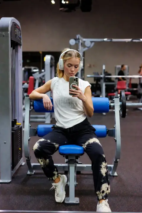 Blonde girl taking mirror selfie in gym