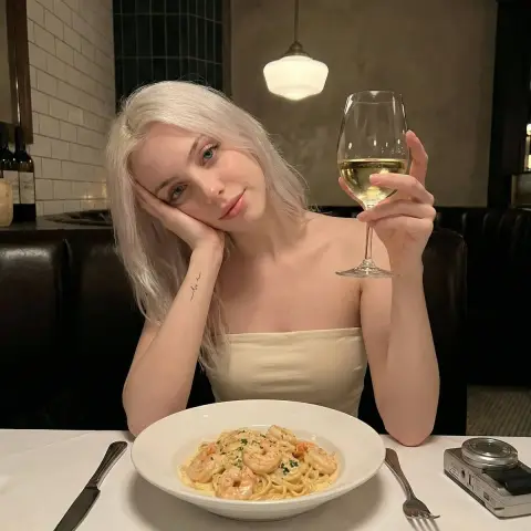 Blonde girl toasts and takes selfie under dim light dinner