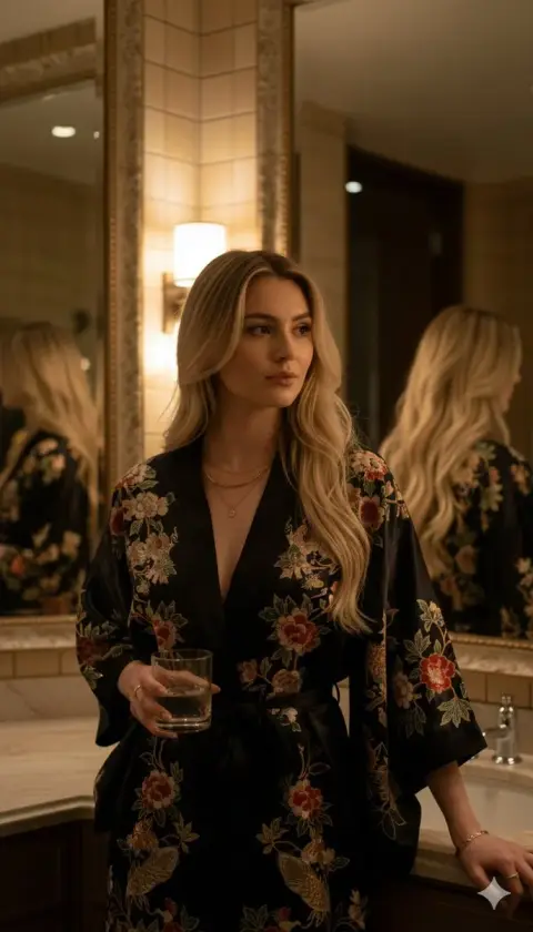 Blonde kimono girl in late night hotel in Tokyo