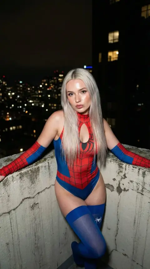 Blonde spiderman girl on the rooftop at night