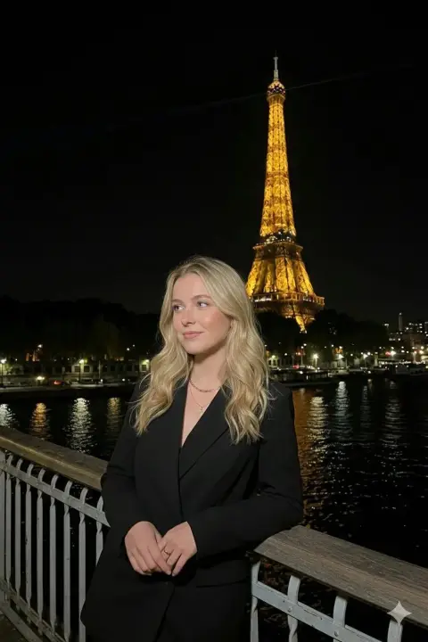 Blonde woman in suit leaning on railing under night view of Paris