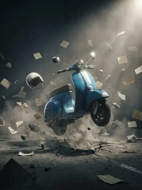 Blue retro motorcycle hovering in mid-air with movie-level explosion