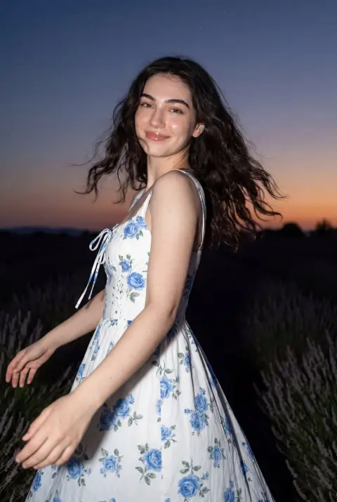 Blue rose floral skirt retro Y2K girl dusk portrait