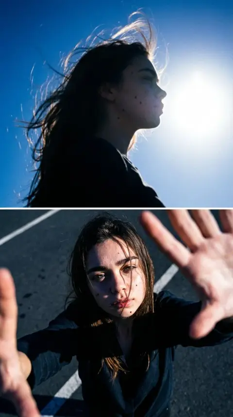 Blues film light and shadow duo: backlit silhouettes and overhead selfies