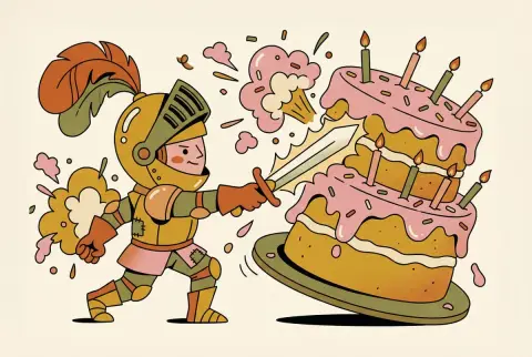Brave knights fight against giant pink cake