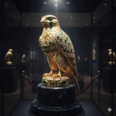 Brilliant gem-encrusted gold falcon sculpture