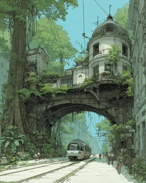 Brutalist palace jugendstil horta in a lush jungle forest