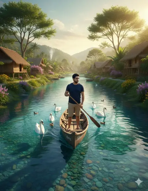 Canoe and swan in the rippling blue waves