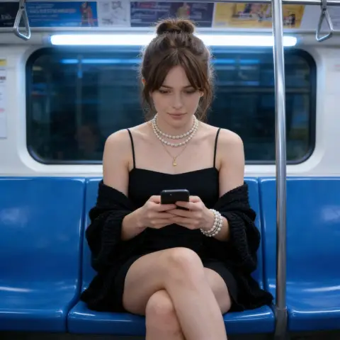 Casual and elegant girl in the cold light subway
