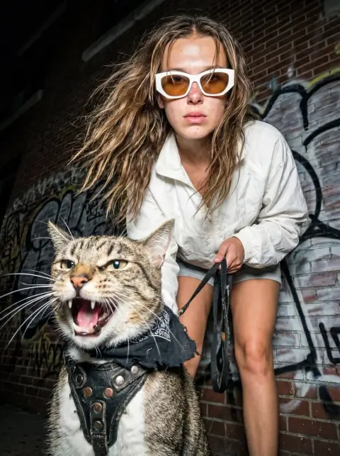 Cat-pulling hotties under street flashlights