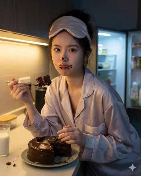 Caught stealing food! A playful girl with chocolate on her lips at midnight